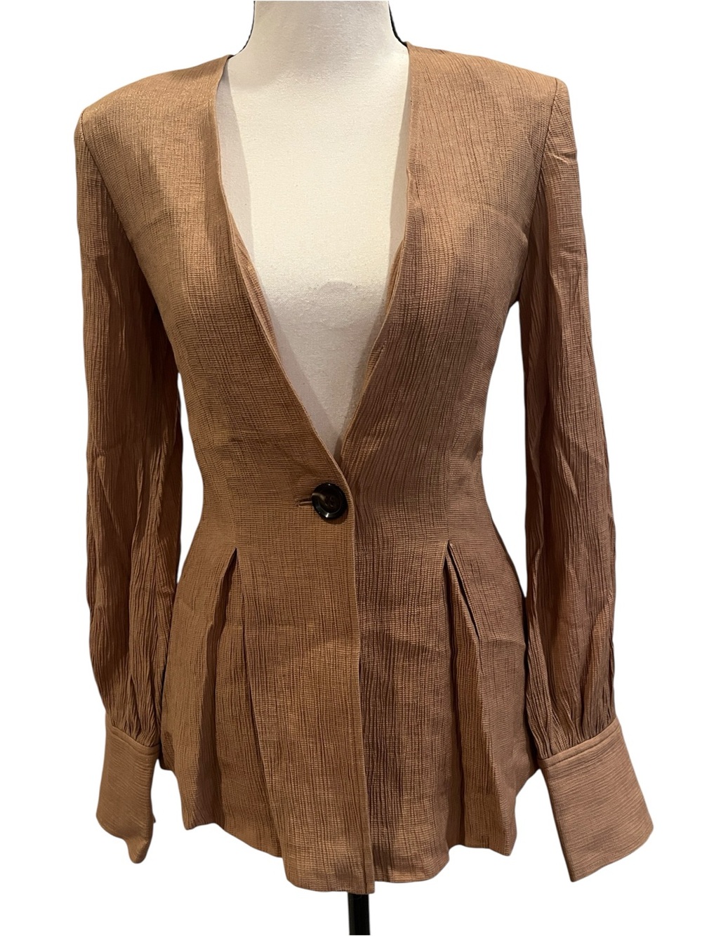 Something Navy Light Brown One-Button Crinkled Peplum Blazer Wear to Work XS